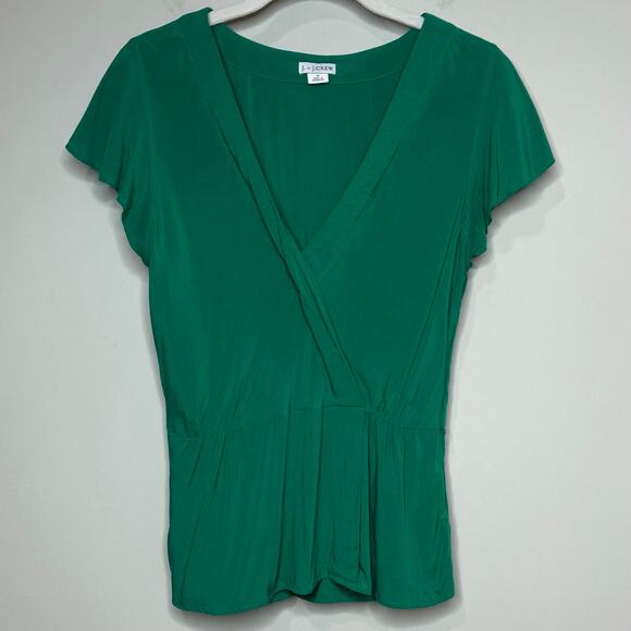 J. By J.Crew Flutter Sleeve Faux Wrap Top Size 0 Festive Green Blouse - Picture 2 of 9